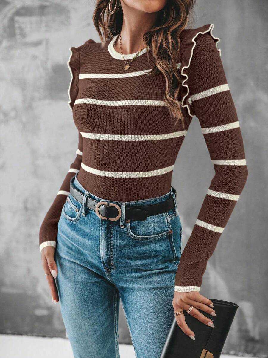 Chiquease 女士条纹圆领长袖荷叶边修身套头毛衣，秋冬针织套头衫 - 咖啡棕 - 查看 1