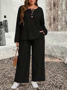 EMERY ROSE Plus Size Winterkleding Voor Vrouwen Vakantie-outfits Vrouw 2-delige Set Effen Kleur Lange Mouw Top En Lange Broek Casual Outfit