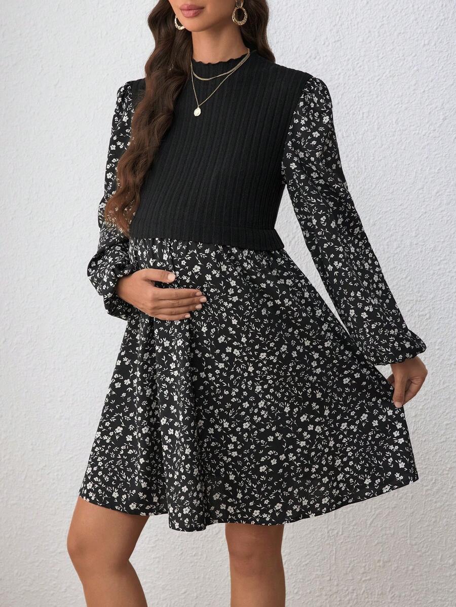 SHEIN 孕妇法式碎花灯笼袖连衣裙，秋季连衣裙，女士长袖教师连衣裙 - 黑色 - 查看 1