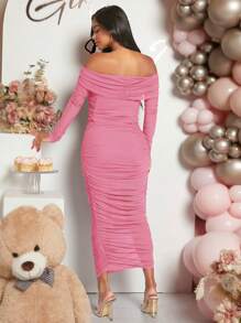 Loomaby Pregnant Women Elegant Solid Color Off Shoulder Ruched Fitted, Ruched Fitted Dress, For Maternity, For Baby Shower - Coral Pink - View 2