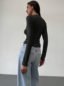 Aloruh Crew Neck Long Sleeve Basic Tee With Bow Ribbon Decor, For Autumn/Winter