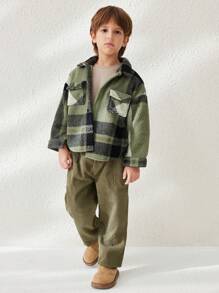 Blossori 小男孩格子落肩宽松泰迪毛边口袋夹克，秋冬 - 綠色 - 查看 1