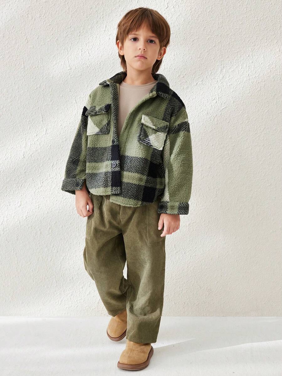 Blossori 小男孩格子落肩宽松泰迪毛边口袋夹克，秋冬 - 綠色 - 查看 1