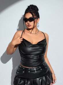 SHEIN ICON Áo ba lỗ hở lưng bằng da PU ICON cỡ lớn xếp nếp phía trước, dành cho mùa hè - màu đen - Xem 3