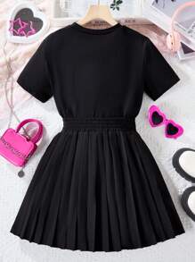 Bộ 2 áo thun tay ngắn cổ tròn đính nơ và chân váy xếp ly màu đen cho bé gái tuổi teen, mùa hè, ngày lễ, mùa hè, du lịch - màu đen - Xem 2