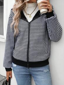 SHEIN LUNE 2024 Autumn Winter New Arrival Women's Houndstooth Fuzzy Zip Up Hooded Jacket Sweatshirt