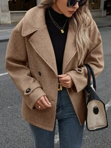 SHEIN LUNE 女士休闲复古双排扣宽松大衣，秋季 - 摩卡棕 - 查看 5