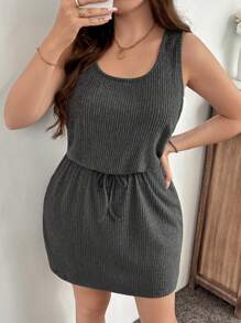 SHEIN LUNE Plus Size Casual Solid Color Waisted Sleeveless Dress Plus Size Fall Clothes Dresses For Women - Grey - View 4