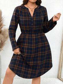 SHEIN LUNE Plus Size Women Plaid Print V-Neck Front Button Long Sleeve Dress Thanksgiving Outfit Women New Years Women Outfit Winter Dresses Winter Clothes Women Rave Outfits Christmas Dress Women Vacation Outfits Woman Vacation Dress, Western Wear Women