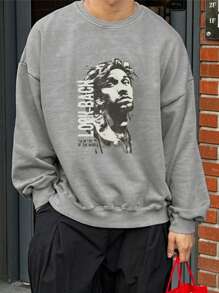 DAZY 1 pieza Sudadera con capucha con forro térmico y estampado de letras para hombre, otoño - Gris - Ver 4