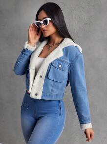 SHEIN EZwear Women's Autumn/Winter Contrast Color Long Sleeve Hooded Short Denim Jacket With PocketsThermal Thickened Denim - Blue - View 5