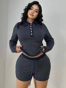 Flirla Ensemble oversize d'un t-shirt tricoté à manches longues avec col polo rayé décontracté et short court taille élastique