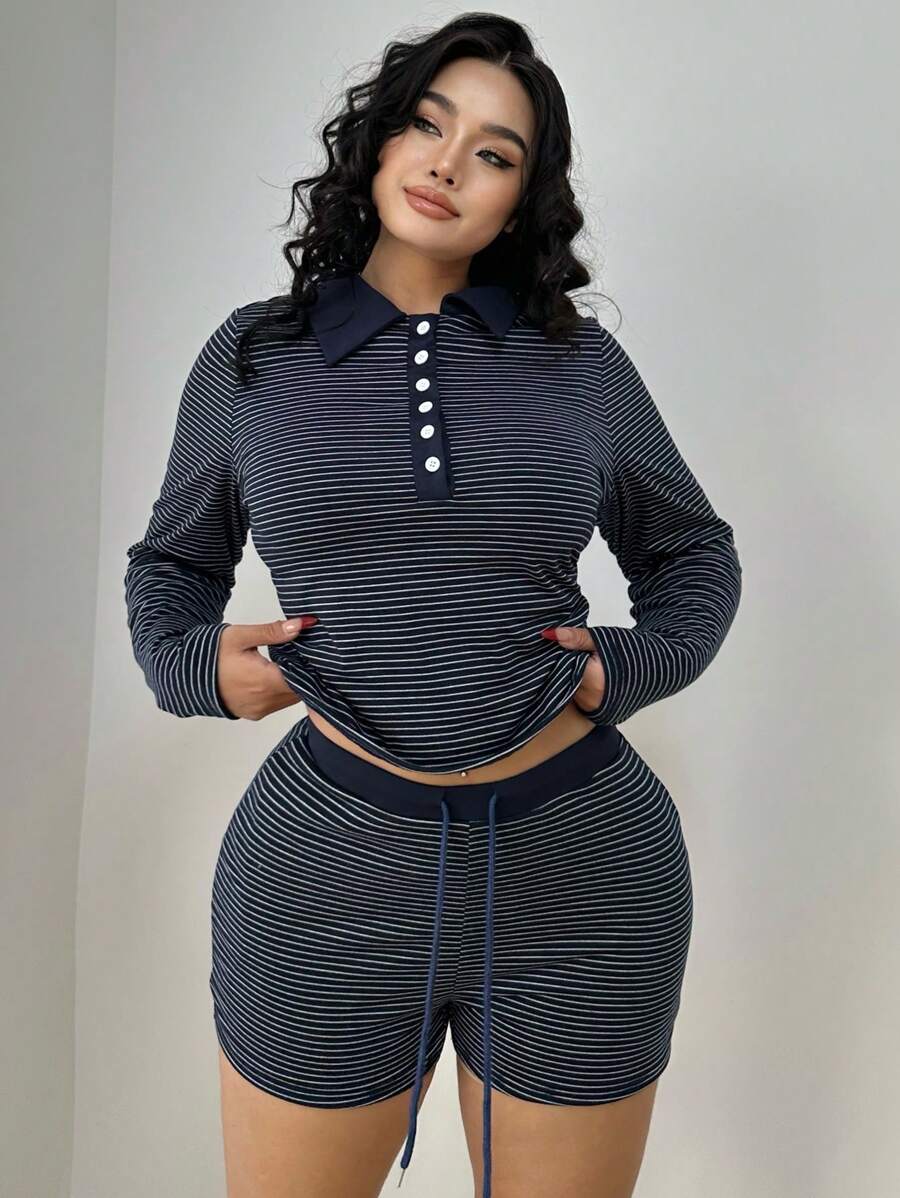 Flirla Ensemble oversize d'un t-shirt tricoté à manches longues avec col polo rayé décontracté et short court taille élastique