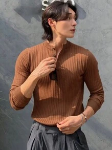 DAZY 1pc Men's Solid Coffee Brown Ribbed Knitted Half-Placket Sweater, Autumn - Brown - View 5
