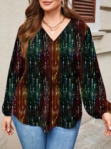 Glamance Warp Atelie Bluse di grandi dimensioni per donne, multicolore, a maniche lunghe, scollo a V, casual, con stampe all-over, colorblock e a righe, completi estivi da donna, top estivi per uscire