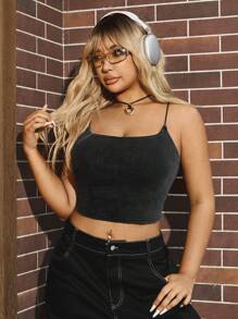 SHEIN EZwear Camiseta de tirantes acanalada informal de unicolor para mujer de talla grande