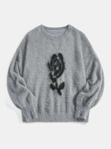 SHEIN MOD Suéter gris de talla grande con estampado de rosas para mujer, atuendo de regreso a la escuela, top para otoño/invierno