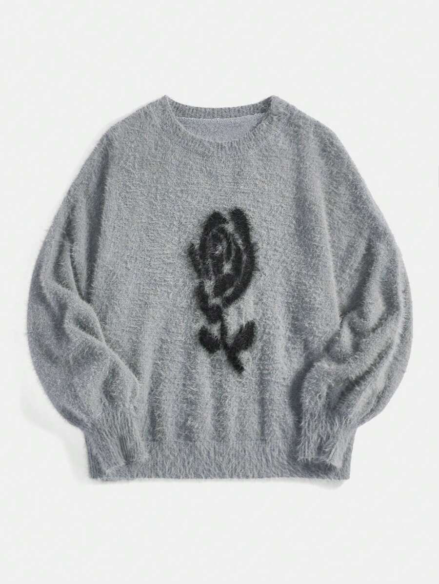 SHEIN MOD 大码女式灰色玫瑰图案毛衣,适合开学季、秋冬穿着 - 灰色 - 查看 1