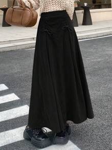 DAZY 1pc Women's Solid Color Bow Decor Long Pleated Skirt, Elegant - Black - View 5