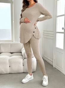 SHEIN Maternity Button Decor Curved Hem Long Sleeve Top And Leggings 2Pcs Outfit Set, Outfit Set, Autumn World Cup Fall - Khaki - View 4