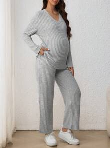 SHEIN Maternity Casual 2pcs Set - V-Neck Long Sleeve T-Shirt & Elastic Waist Straight-Leg Pants, Nursing Outfit