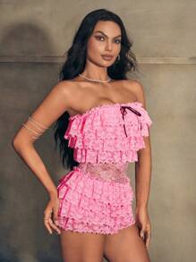 Zolique Lace Spliced Bow Decor Ruffled Tube Top Jumpsuit, Casual Holiday Attire - Pink - View 7