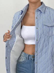 SHEIN Unity 条纹休闲宽松夹棉常规夹克，秋冬 - 藍色 - 查看 7