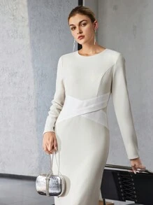 MOTF PREMIUM CONTRAST WRAP CROSS WAIST MIDI DRESS - Black and White - View 6