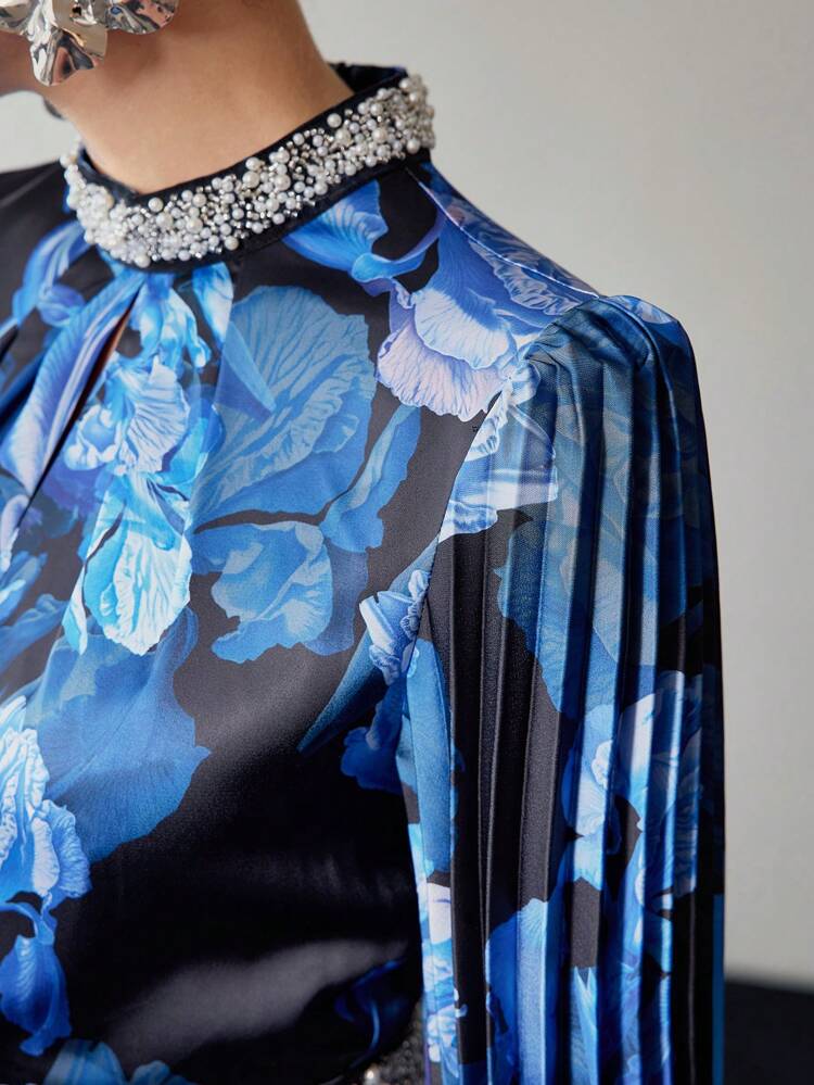 PLANTS PRINT FAUX PEARL AND BEADED DETAIL MOCK NECK PLEATED LANTERN SLEEVE PEPLUM TOP