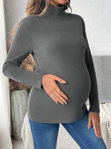 SHEIN Stand Collar Long Sleeve Maternity Tight Fit T-Shirt, Includes Built-In Breast Pad, Autumn - Dark Grey - View 5