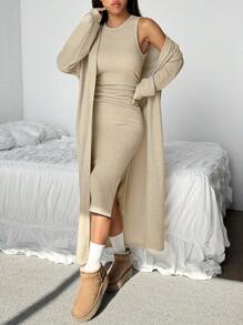 SHEIN EZwear 卡其色针织纯色长开衫和紧身无袖连衣裙套装 - 卡其色 - 查看 3