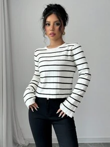 SHEIN Unity Women's Crew Neck Long Sleeve Simple Casual Striped Knit Sweater, Knit Pullover Fall Winter - Black and White - View 5