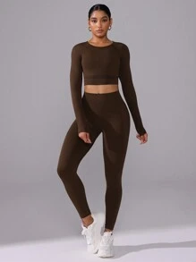 Easithlete 女士纯色长袖长裤运动套装，无缝健身女士套装女士紧身裤套装