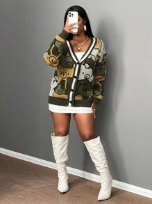 Slaydiva Cárdigan de punto con cuello en V y botones con estampado de oso, de manga larga, informal, para usar en otoño/invierno en casa - Multicolor - Ver 3