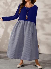 EMERY ROSE Plus Size Round Neck Long Sleeve Plaid Design Elegant Charming Graceful Fall Dress - Navy Blue - View 4