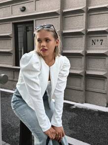 Chiquease 1 件女式纯色拉链纹理羊腿袖夹克，秋季 - 白色 - 查看 6