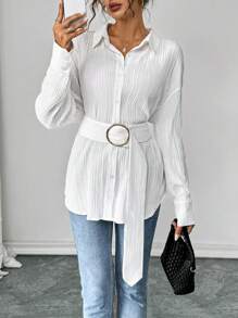 Chiquease Women's Autumn/Winter Waist Belt Decor Textured Shirt - White - View 6