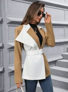 SHEIN Clasi Women's Asymmetric Asymmetrical Color Block Long Sleeve Casual Trench Coat - Multicolor - View 7