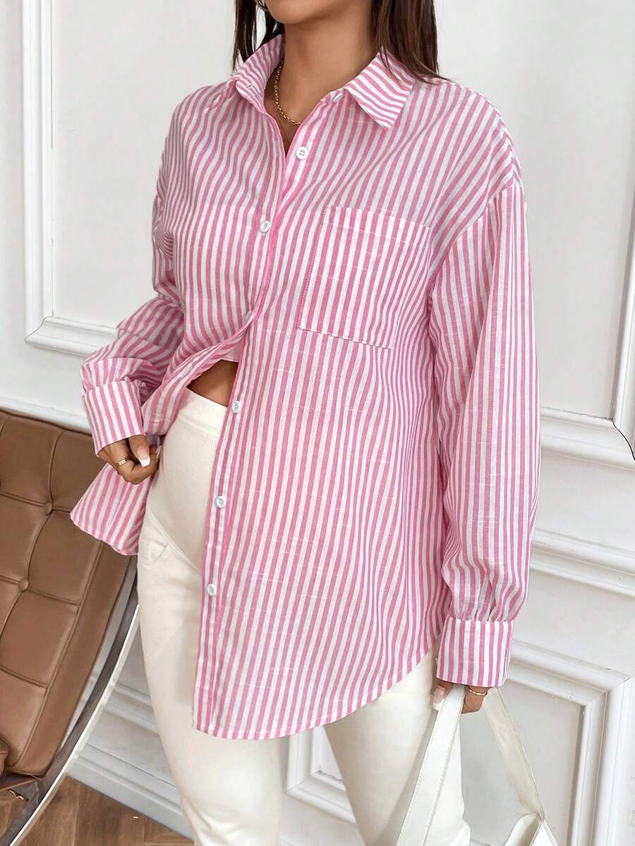 SHEIN Áo sơ mi dài tay in sọc cho bà bầu cài nút phía trước - Hồng - Xem 1