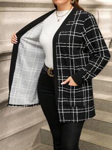 SHEIN Clasi 大码女式格子长袖口袋休闲长夹克，秋冬 - 黑與白 - 查看 7