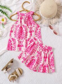 2pcs/Set Pakaian Anak Perempuan Musim Panas Modis Kasual Longgar Vintage Bernapas Atasan Tanpa Lengan Motif Digital + Celana Pendek - Hot Pink - View 2