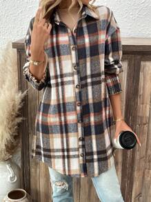 SHEIN LUNE Robe-chemise casual à carreaux avec boutons devant pour femmes, automne