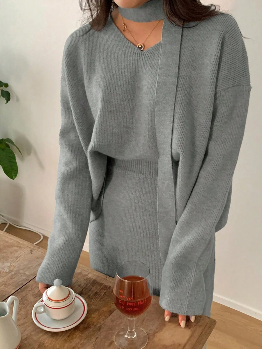 DAZY Women Solid Color V-Neck Halter Tie Loose Knit Sweater, Grey, Spring & Autumn,Fall Women Clothes - Grey - View 1