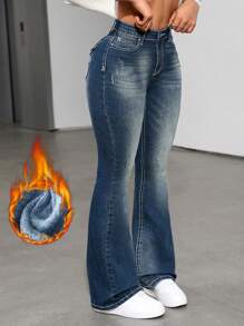SHEIN ICON Quần Jeans Skinny Fit Thường Ngày Màu Trơn Có Túi Cho Nữ, Quần Jeans Denim Dày Giữ Nhiệt Mùa Thu/Đông - Màu xanh lam - Xem 1