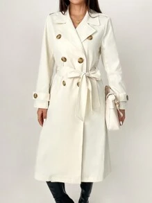 SHEIN PETITE Damski swobodny dwurzędowy beżowy płaszcz typu trencz z klapami i paskiem, jesień - Beżowy - Zobacz 3