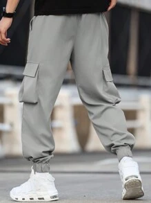 Manfinity Homme Men Plus Size Letter Patched Detail Flap Pocket Drawstring Waist Cargo Pants, Fall - Light Grey - View 2