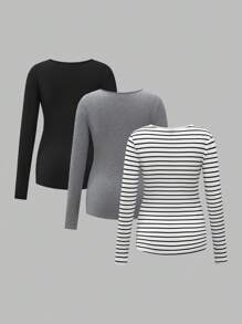 SHEIN Modmama Women Plus Size Maternity Nursing Tops, Comfy Long Sleeve Breastfeeding T-Shirt, Autumn Apparel - Black and White - View 3