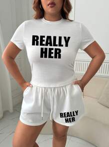 INAWLY Plus Size Ronde Hals Korte Mouw Letter Print Eenvoudige Blouse En Shorts 2-delige Set