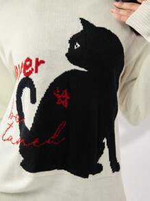 Modelyn 女士优雅圆领卡通猫图案套头衫 - 白色 - 查看 3