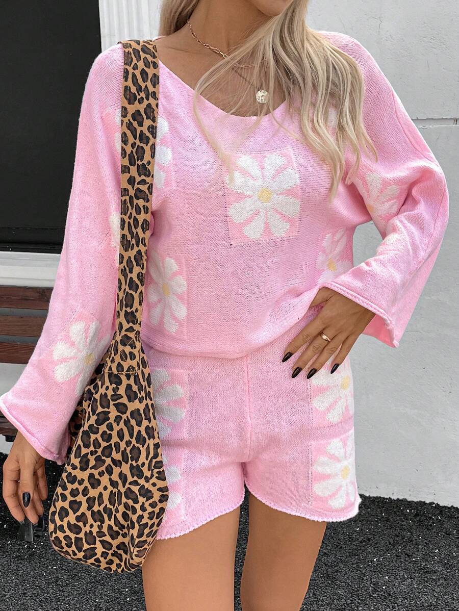 INAWLY 2pcs Women Floral Print Batwing Sweater And Shorts Set, Spring Autumn Fall Cloth For Women - Pink - View 1